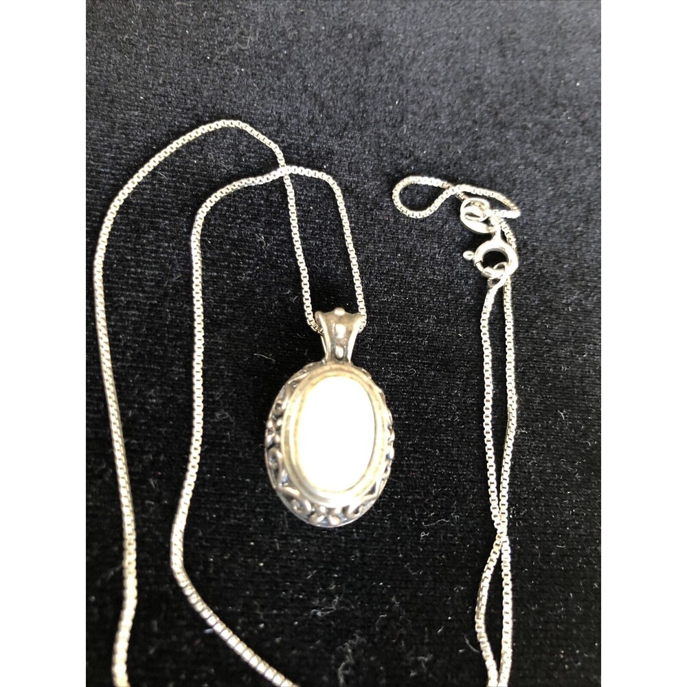 Vintage Sterling Silver and White Mother of Pearl Pendant on 18" Box Chain